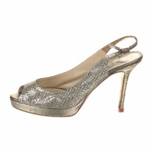 JIMMY CHOO Size 8 Silver Glitter Peep-Toe Slingback Heels